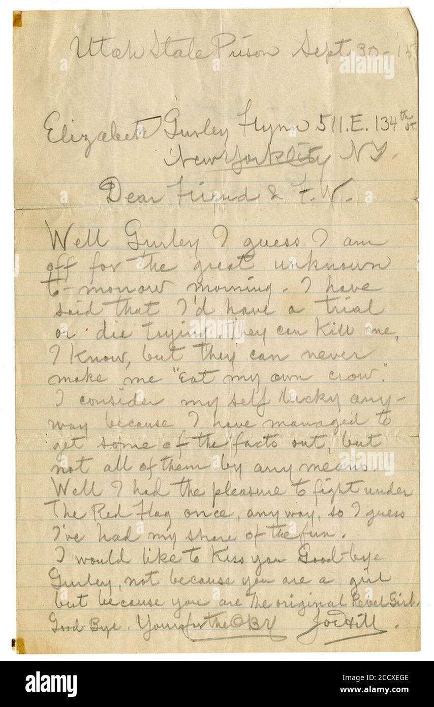 Joe Hill farewell letter to Elizabeth Gurley Flynn 1915-09-30. Stock Photo
