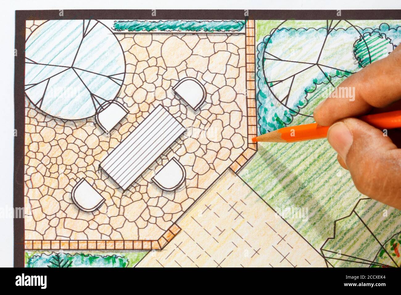 Landscape architect design patio in backyard garden plan Stock Photo Alamy
