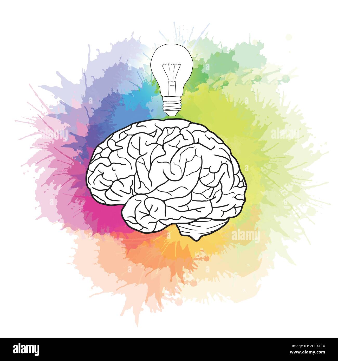 Linear illustration of human brain with light bulb and rainbow