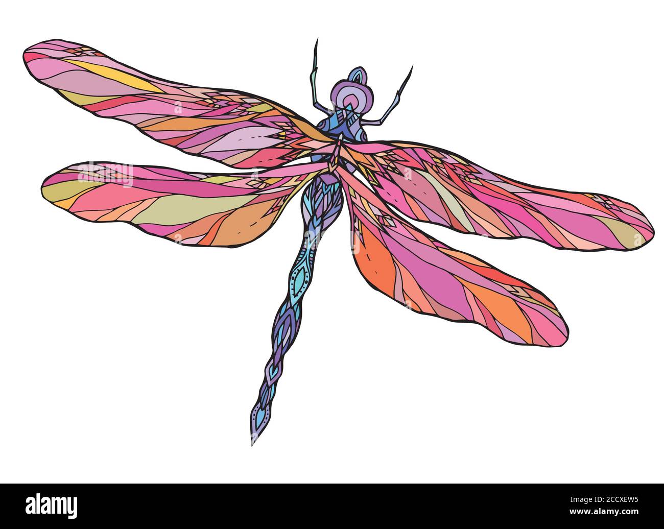 Colorful dragonfly illustration with boho pattern. Vector element for sketching tattoos, printing on T-shirts, postcards and your creativity Stock Vector