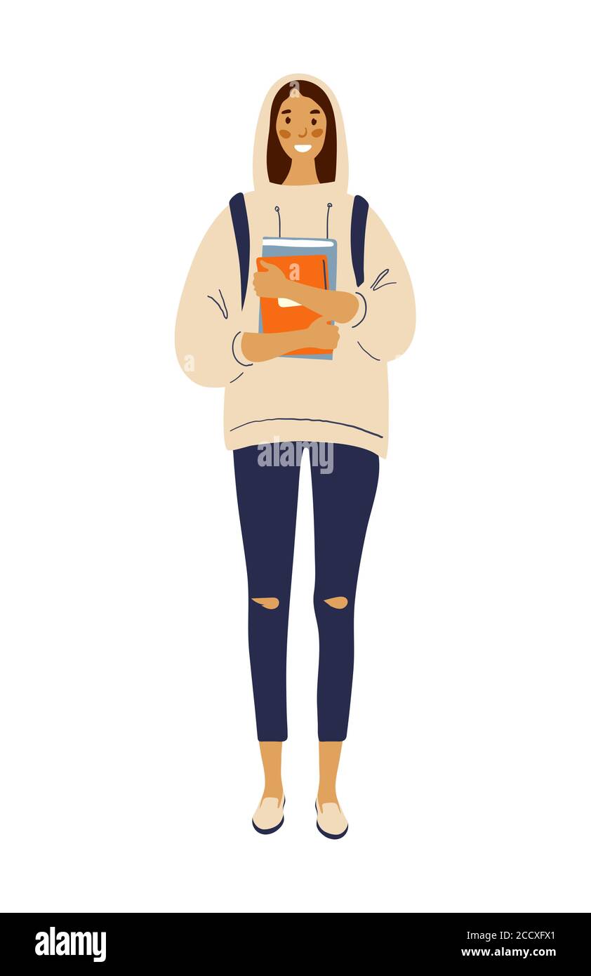 Modern girl student standing with backpack and books. Flat vector female character in hoodie and fashion jeans. Back to school. Flat stock illustration Stock Vector