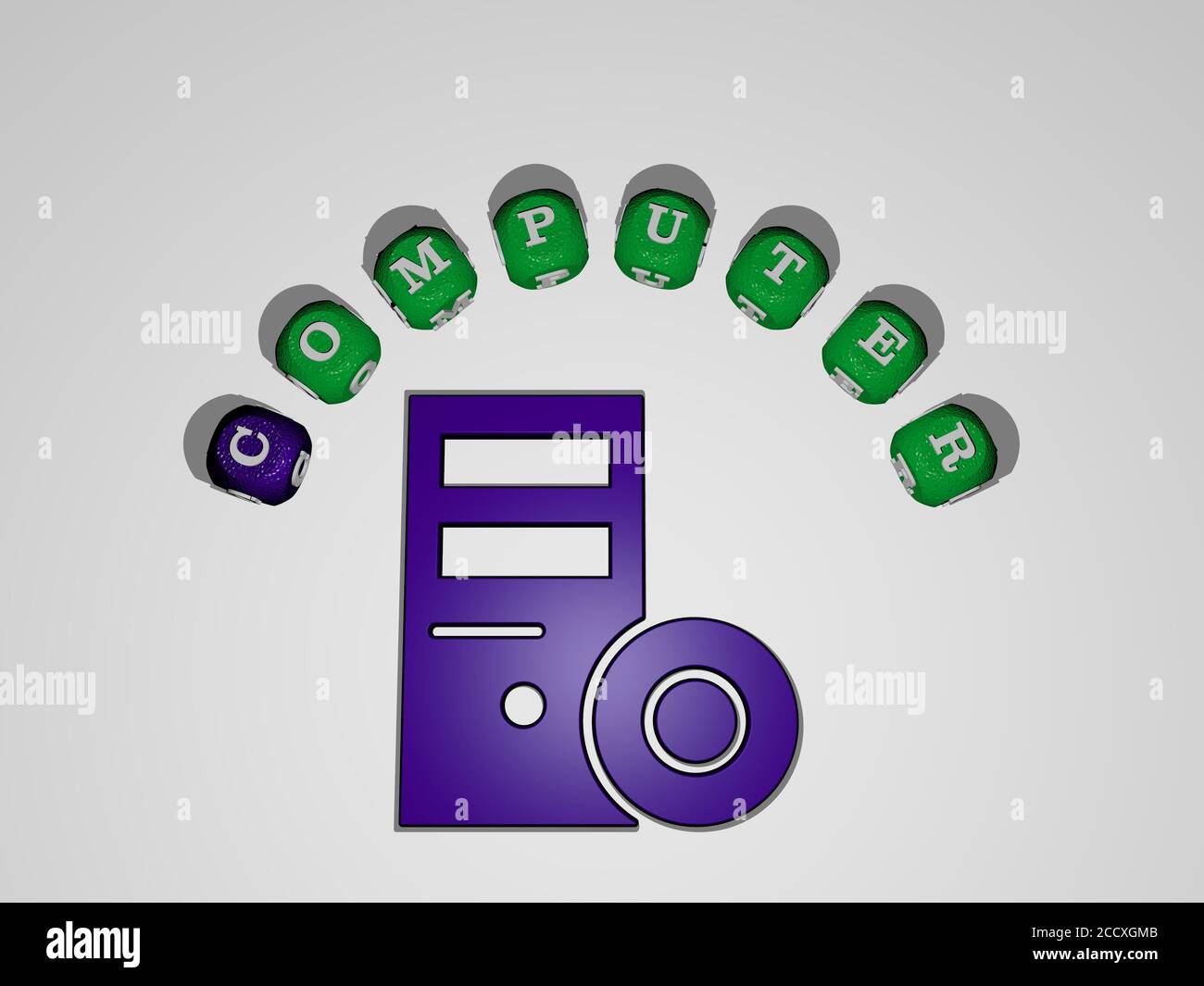 computer icon surrounded by the text of individual letters, 3D ...