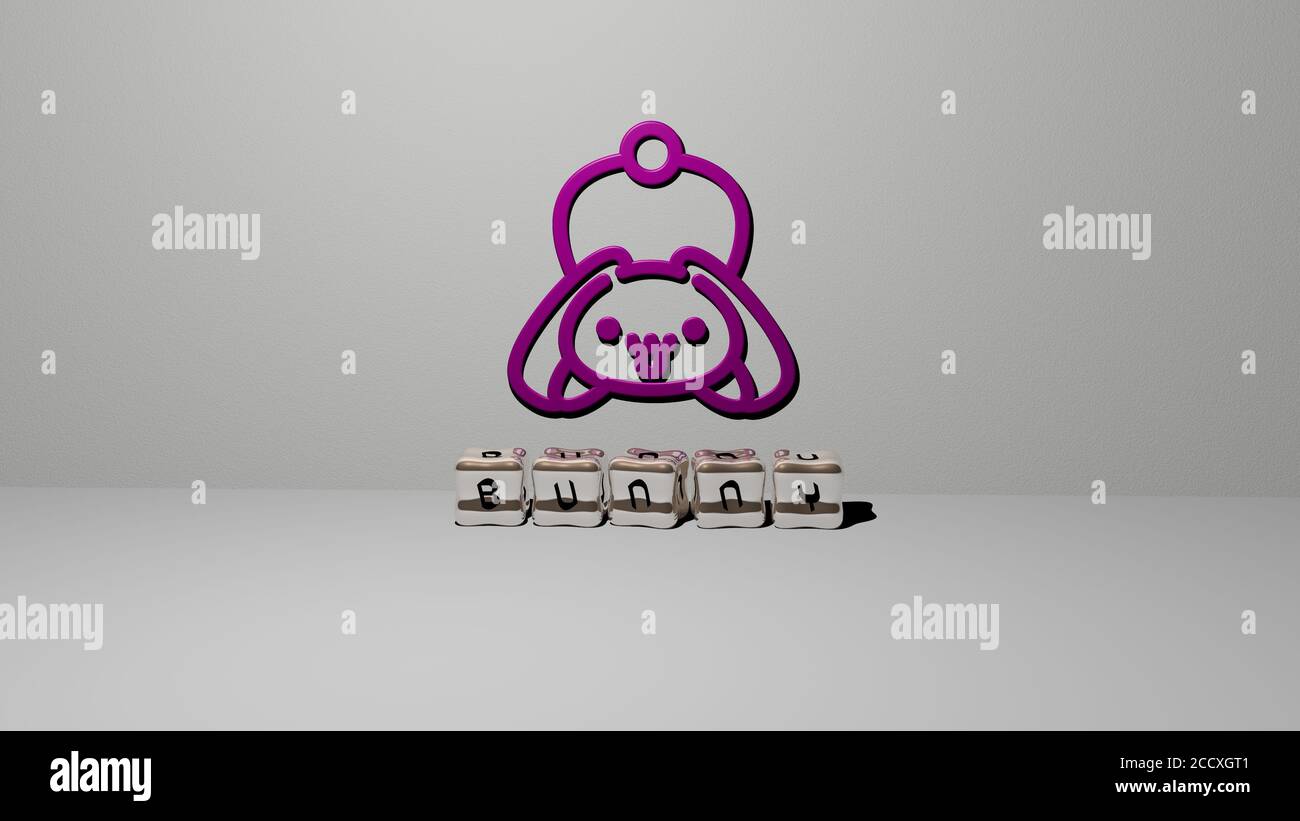 bunny 3D icon on the wall and cubic letters on the floor, 3D illustration Stock Photo