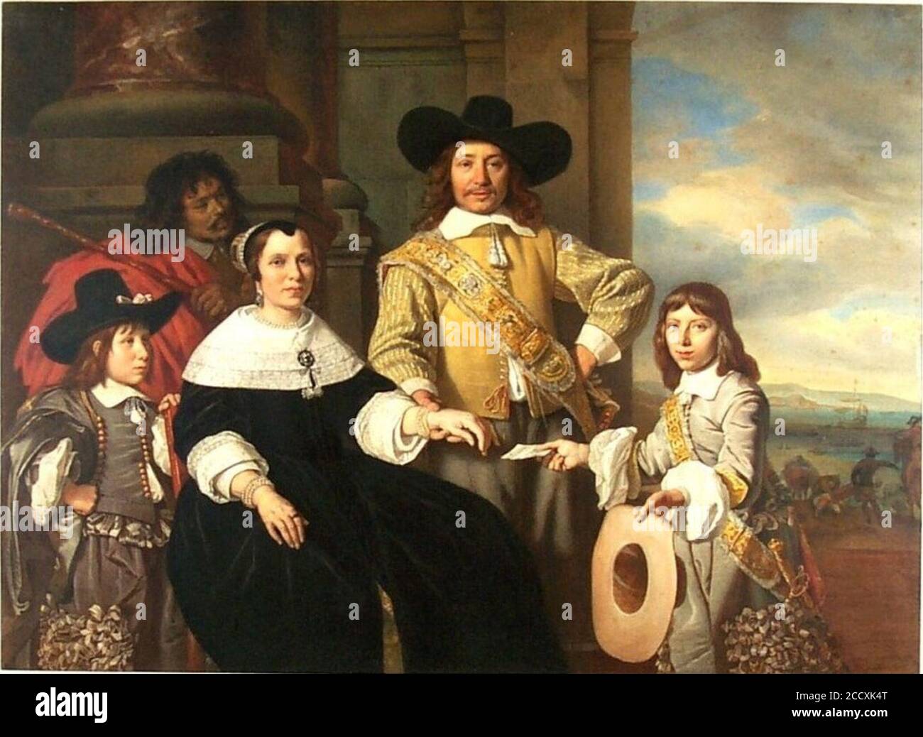 Johan Philip Koelman after Bartholomeus van der Helst - Family portrait of Rijcklof van Goens and Jacomine Bartolomeusdr. Rosegaard, their children Rijcklof and Volckert, and a servant. Stock Photo