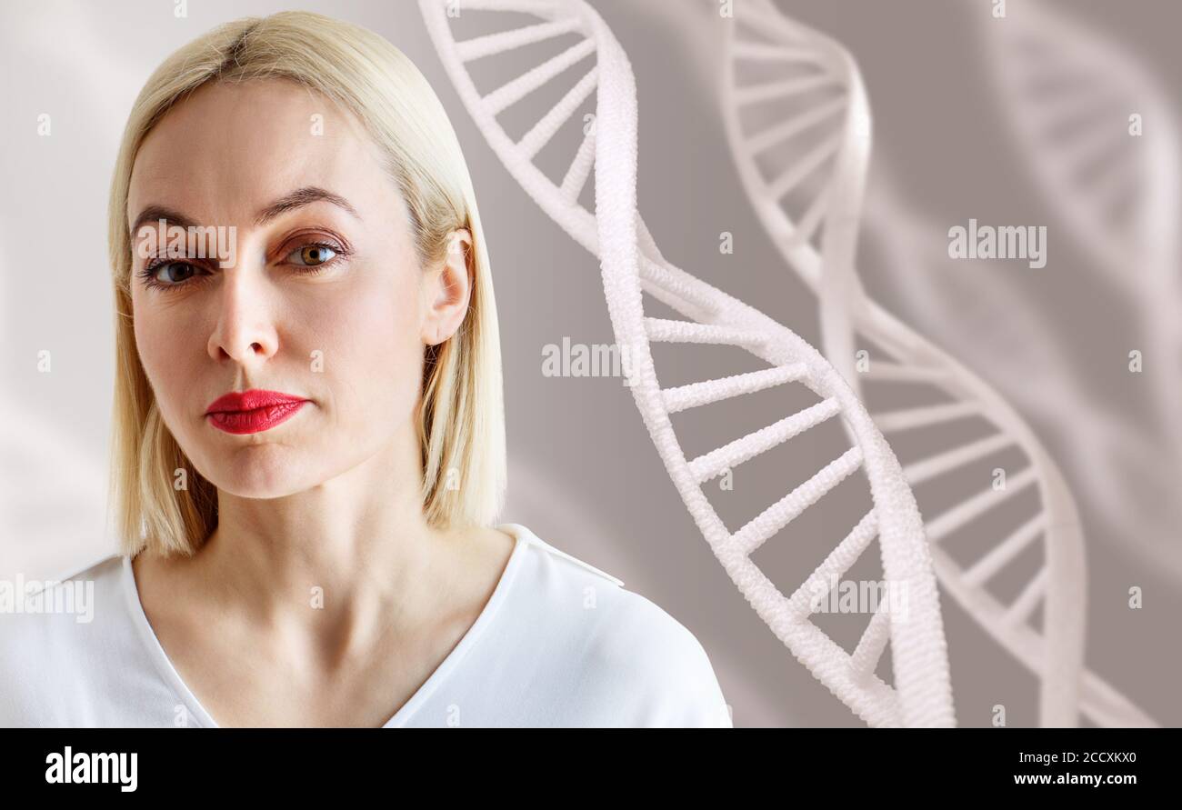 Portrait of sensual woman among white DNA chains. Stock Photo
