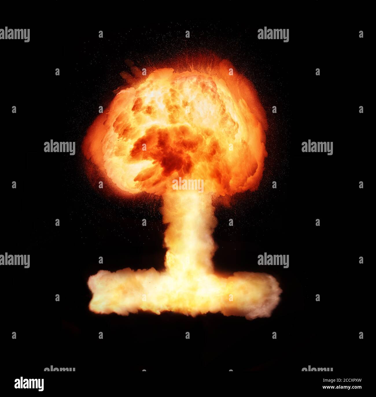 Atomic bomb explosion mushroom isolated on black background. Stock Photo