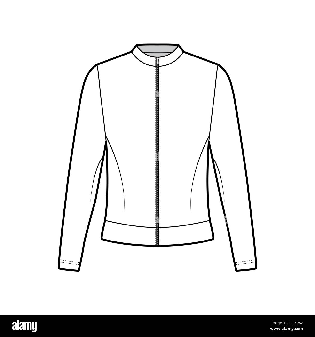 Zip-up cotton-terry sweatshirt technical fashion illustration with crew neckline, long sleeves, oversized. Flat jumper apparel outwear template front, white color. Women, men, unisex top CAD mockup Stock Vector