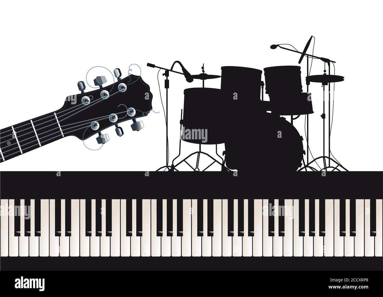 musical instruments guitar, piano, drums Stock Vector
