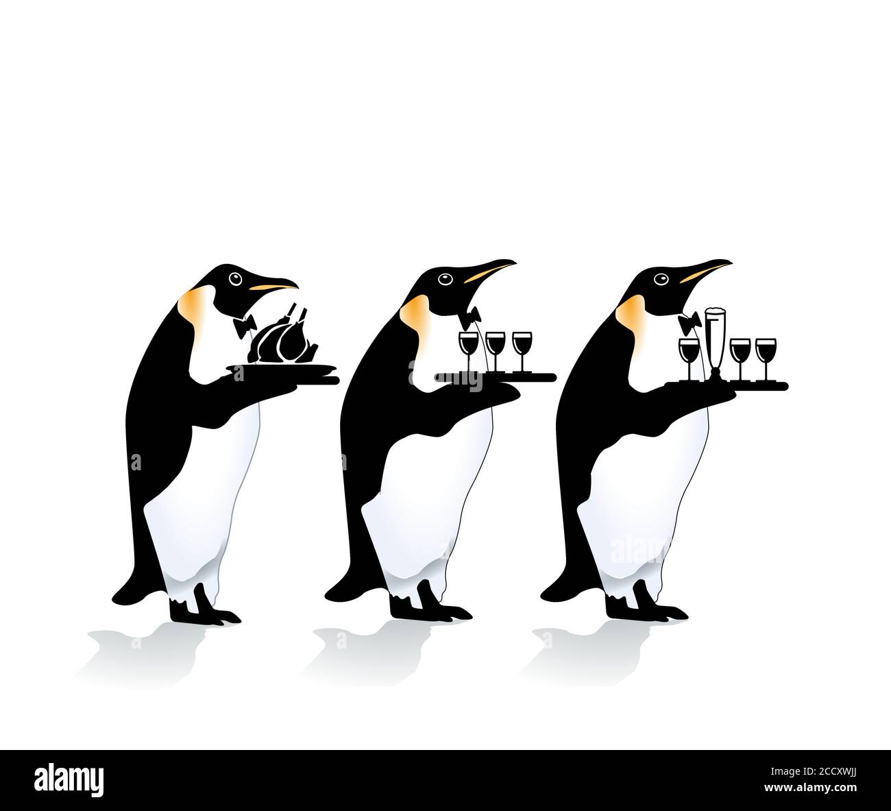 Penguin waiters serve drinks and dinner Stock Vector