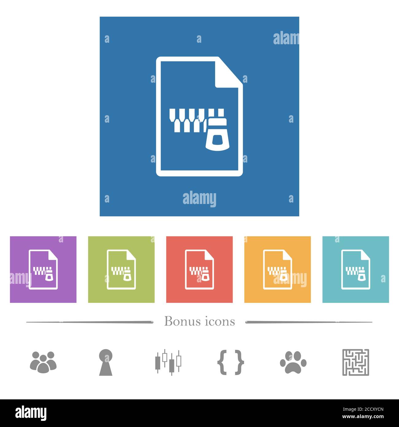 Zipped document flat white icons in square backgrounds. 6 bonus icons ...