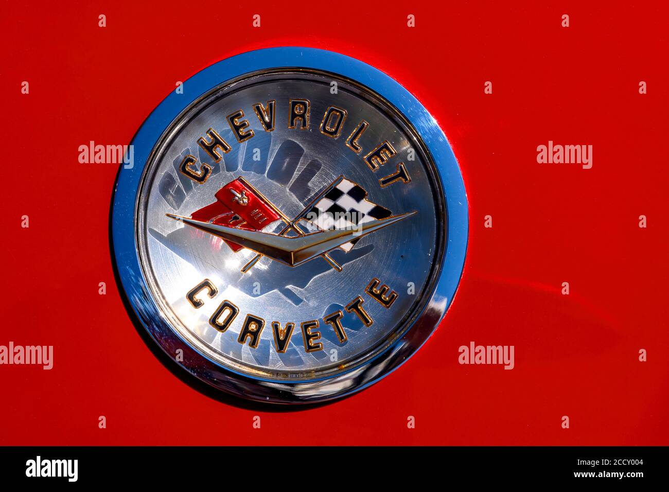 Oldtimer Chevrolet Corvette C1, year of construction 1959, capacity 5700 ccm, V-8-engine, power 300 PS, detail company logo, Austria Stock Photo