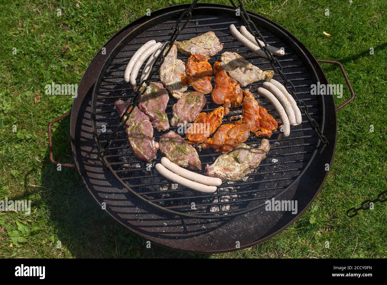 Barbecue food on a swivel grill, Mecklenburg-Western Pomerania, Germany Stock Photo