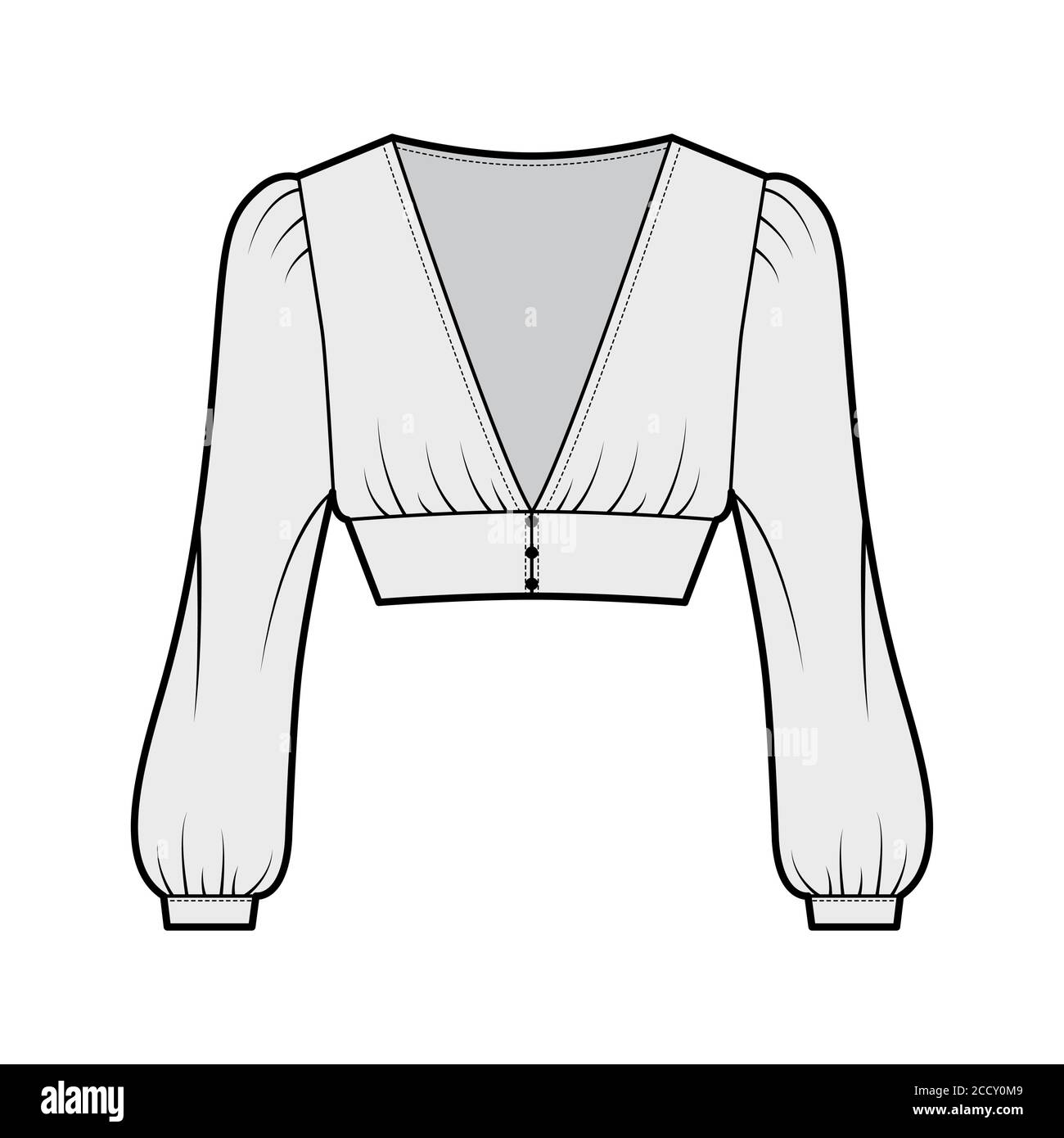 Cropped top technical fashion illustration with long bishop sleeves, puffed shoulders, front button fastenings. Flat apparel shirt template front, grey color. Women men, unisex blouse CAD mockup Stock Vector