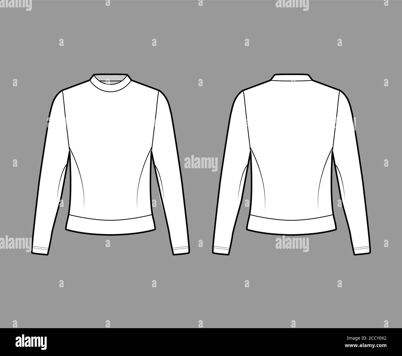 Cotton-terry sweatshirt technical fashion illustration with crew neckline, long sleeves, oversized. Flat jumper apparel outwear template front, back white color. Women, men, unisex top CAD mockup Stock Vector