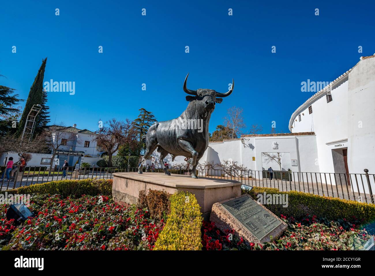 Bull figure, sculpture at Plaza de Toros de Ronda, in front of the bullring, Ronda, province of Malaga, Andalusia, Spain Stock Photo