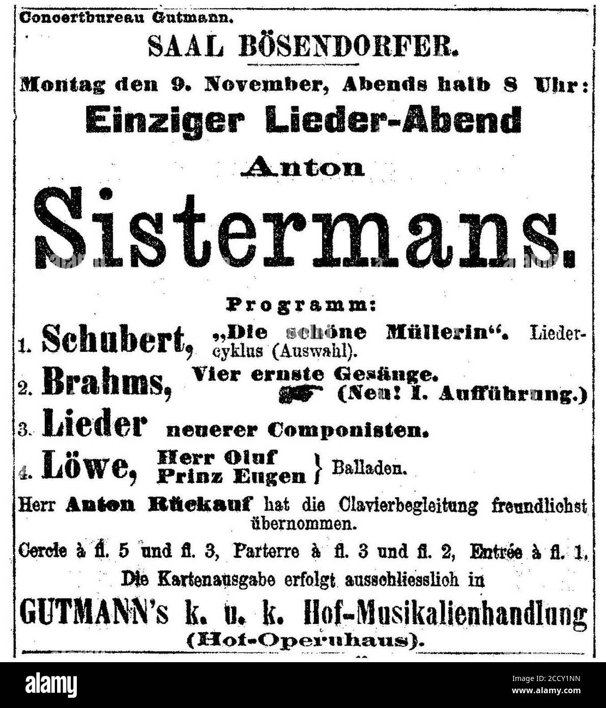 Johannes Brahms Anton Sistermans Vier ernste Gesänge Premiere 1896-11-09. Stock Photo