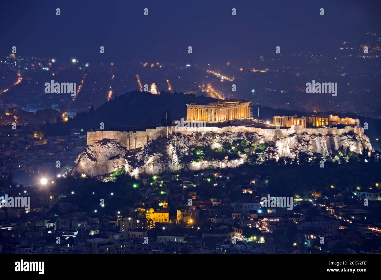 Acropolis In The Night time Setting Panoramic View Athens Greece 