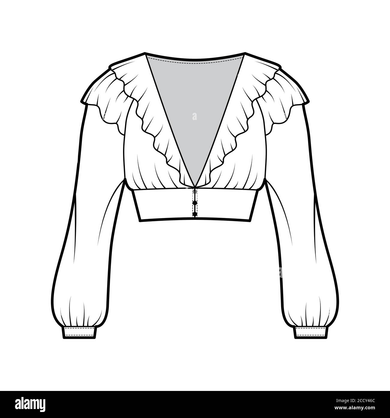 Ruffled cropped blouse technical fashion illustration with long bishop sleeves, puffed shoulders, front button fastenings. Flat apparel top template front, white color. Women men unisex shirt mockup Stock Vector