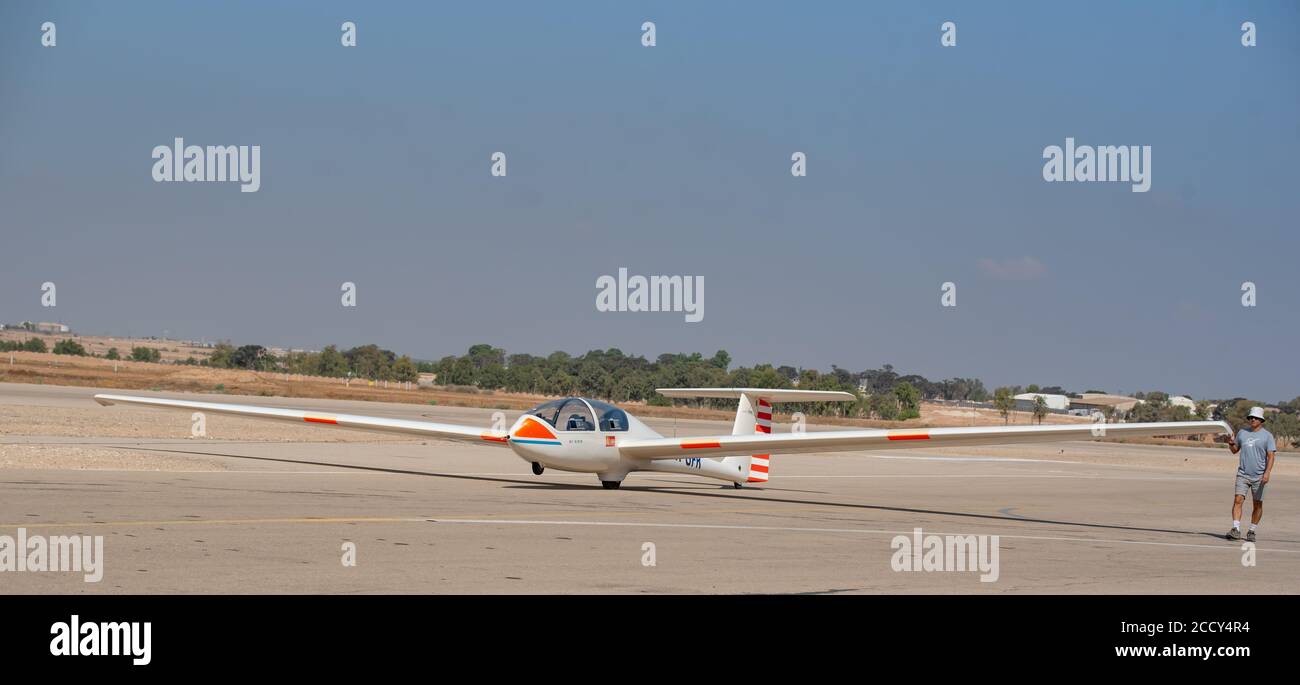 Glider being towed at takeoff Photographed in Israel Stock Photo