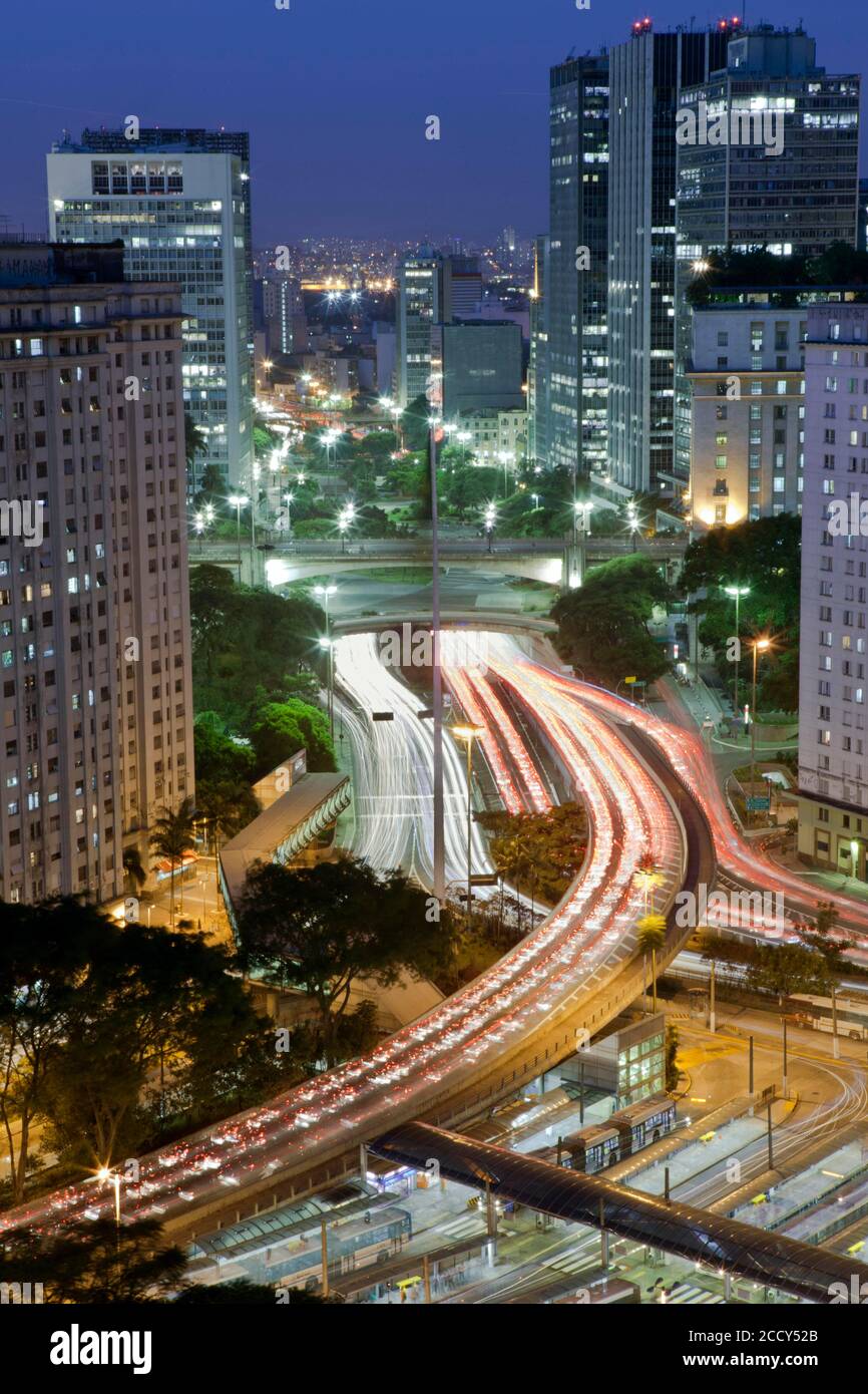 Cars line up Dr. Eusebio Stevaux Viaduct downtown Sao Paulo, Brazil Stock Photo