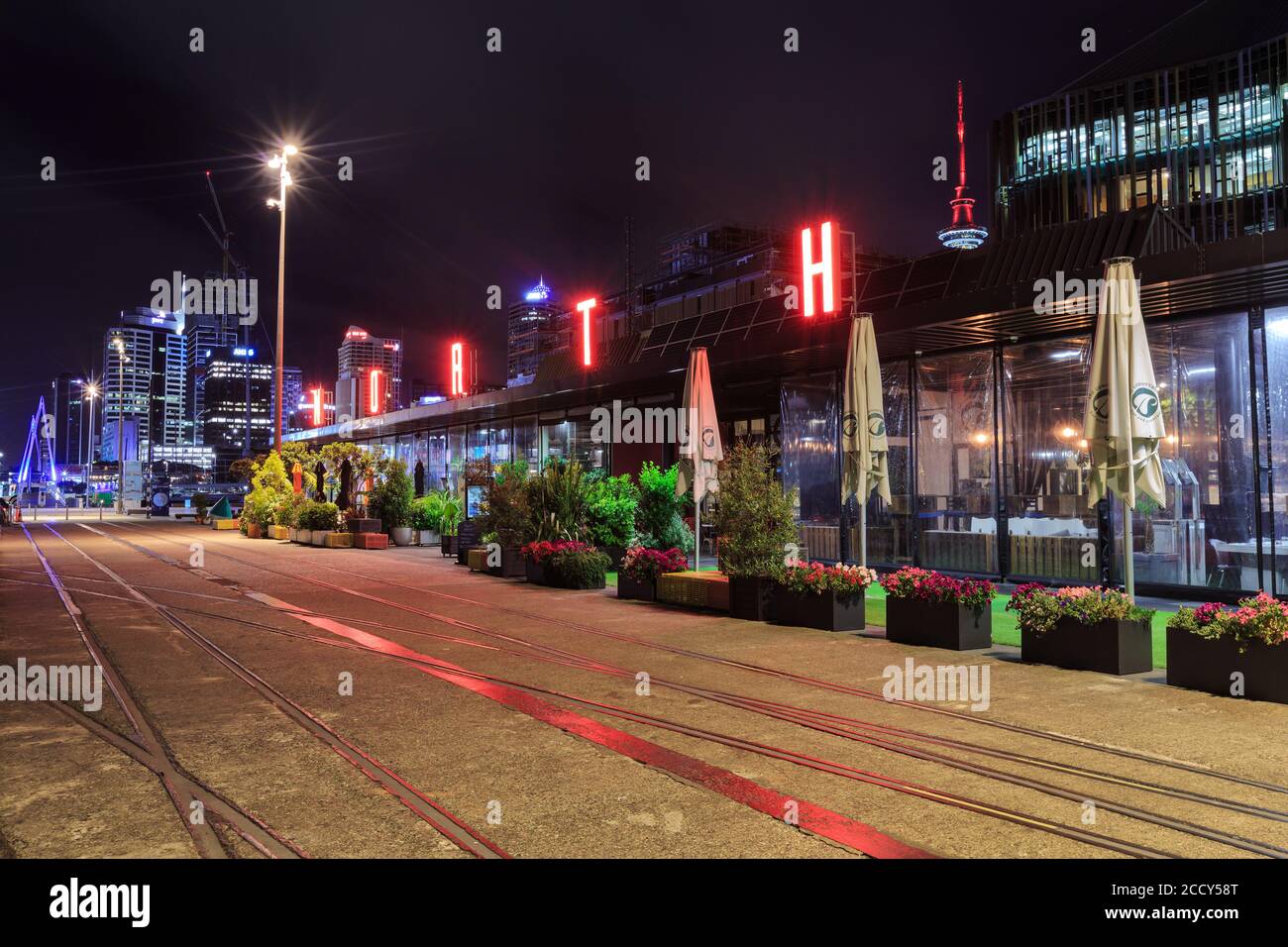 North Wharf, Auckland, New Zealand, a pedestrian area with bars and restaurants on the Auckland waterfront. Night photograph. 1/26/2019 Stock Photo