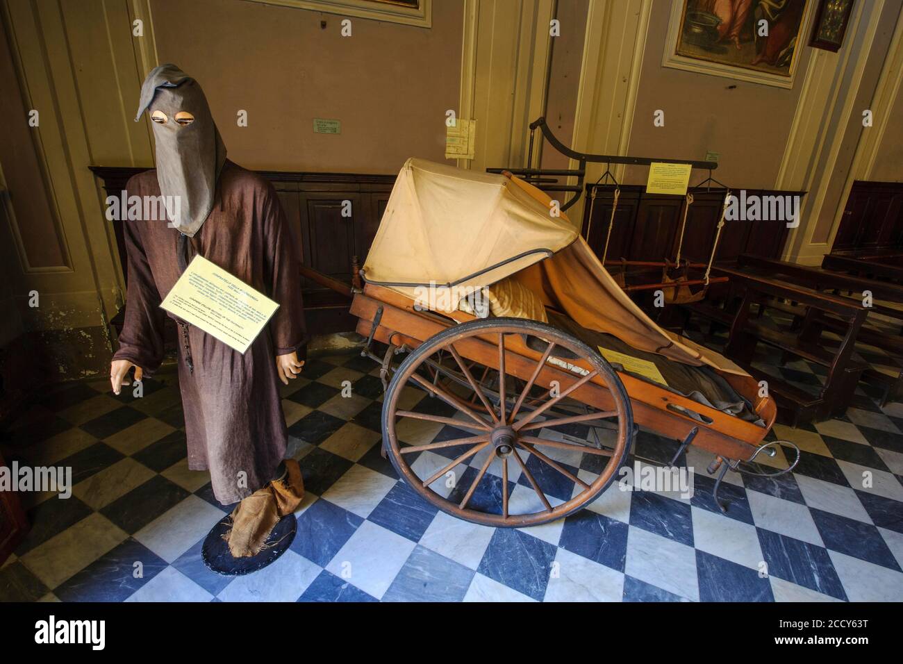 Figure of Plague Doctor in the Middle Ages, Misericordia, historical medical outpatient clinic, Volterra, Tuscany Italy Stock Photo