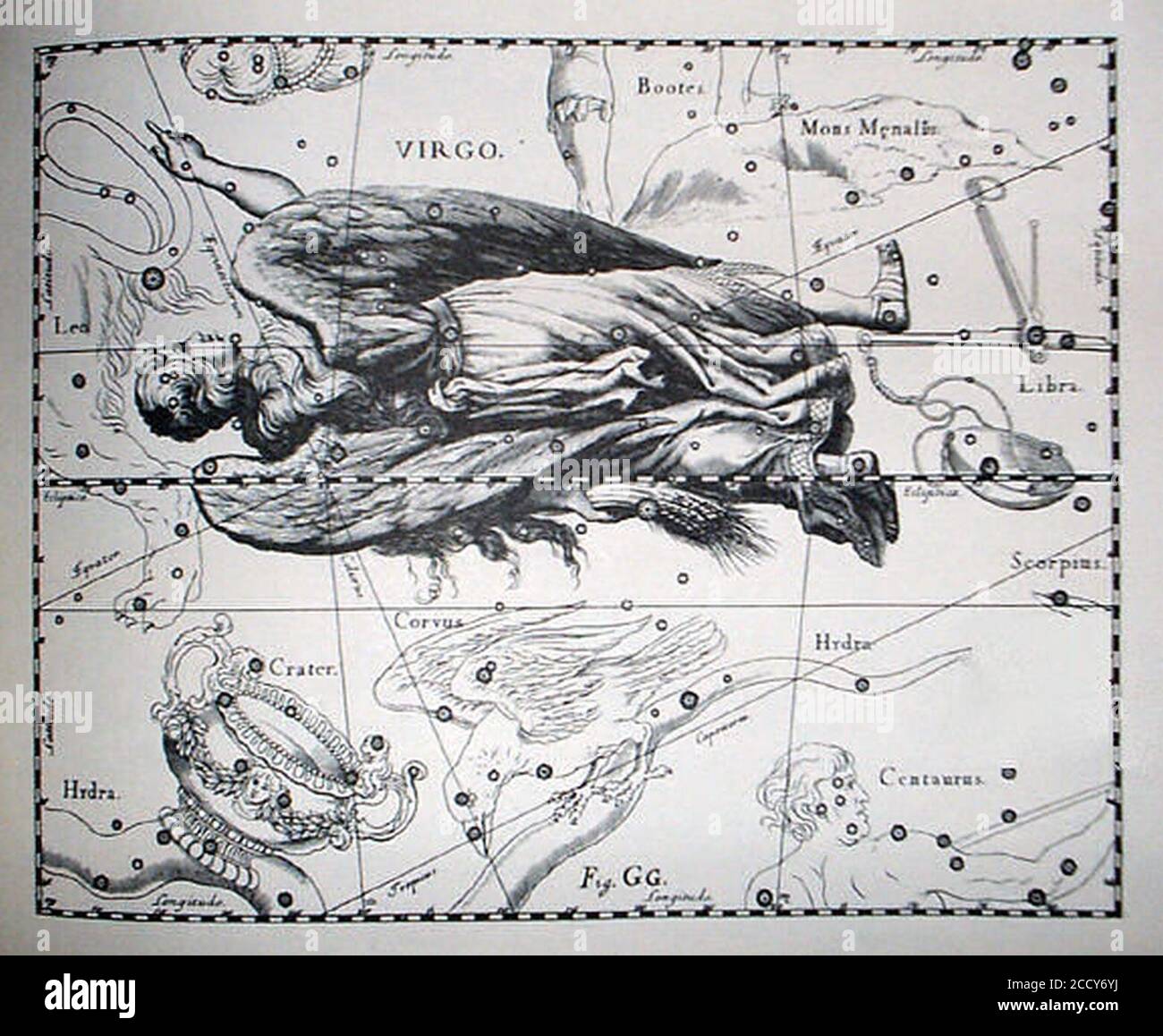 Johannes Hevelius - Prodromus Astronomia - Volume III ‘Firmamentum Sobiescianum sive uranographia‘ - Tavola GG - Virgo. Stock Photo