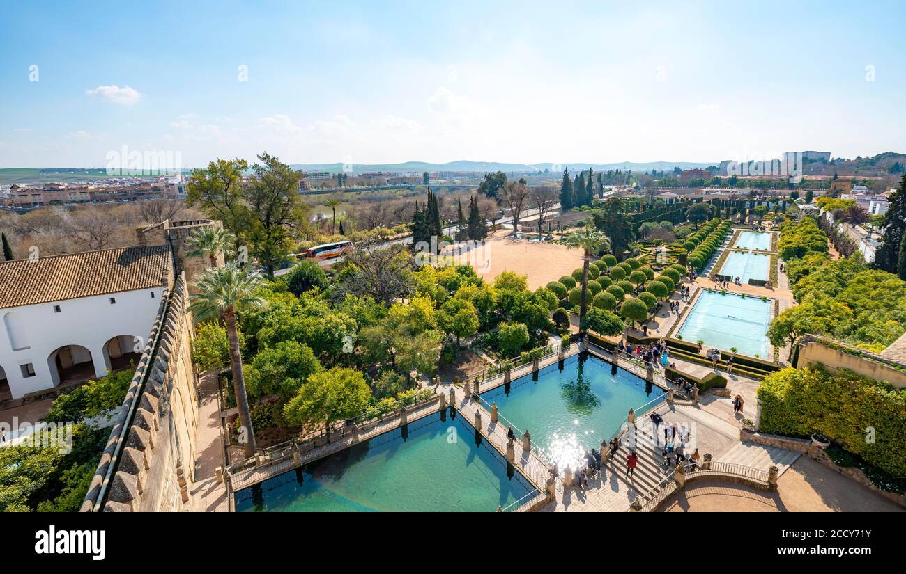 View of the gardens with fountain, Alcazar de los Reyes Cristianos, Cordoba, Province of Cordoba, Andalusia, Spain Stock Photo