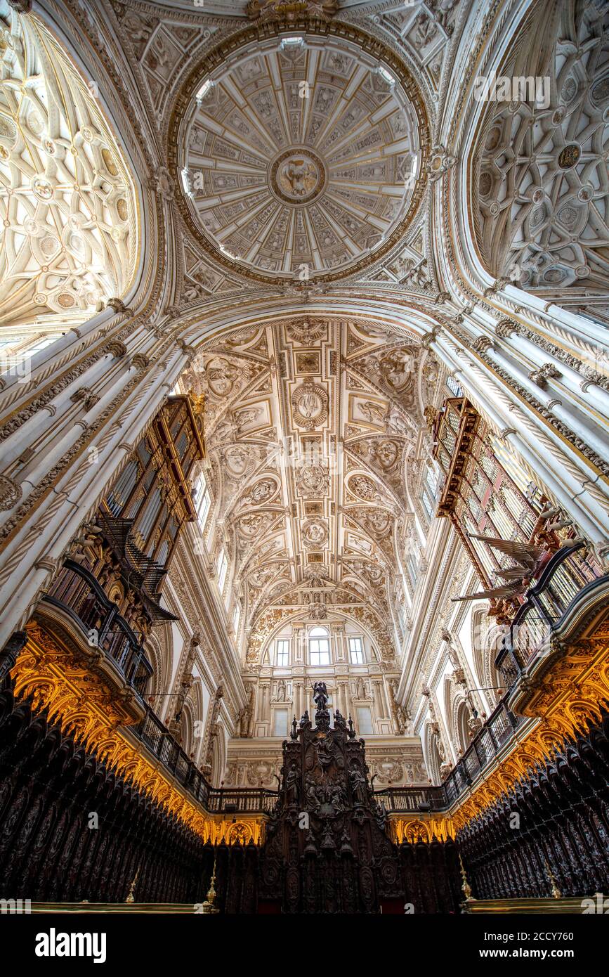 Choir, decorated and gilded choir stalls with vaulted ceilings, Mezquita-Catedral de Cordoba or Cathedral of the Conception of Our Lady, Cordoba Stock Photo