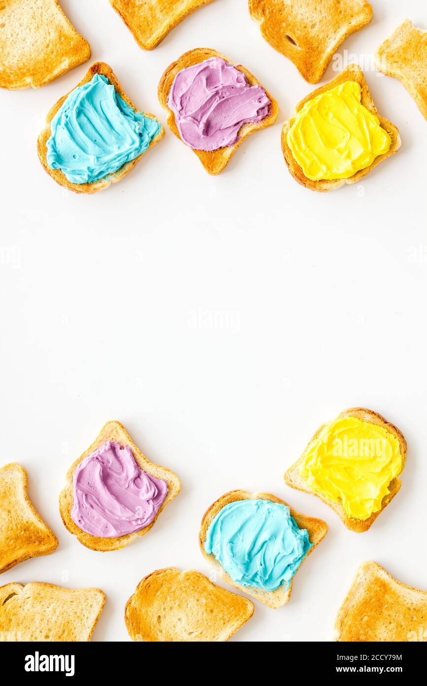 Variety spreads on bread slices. Layout top view Stock Photo