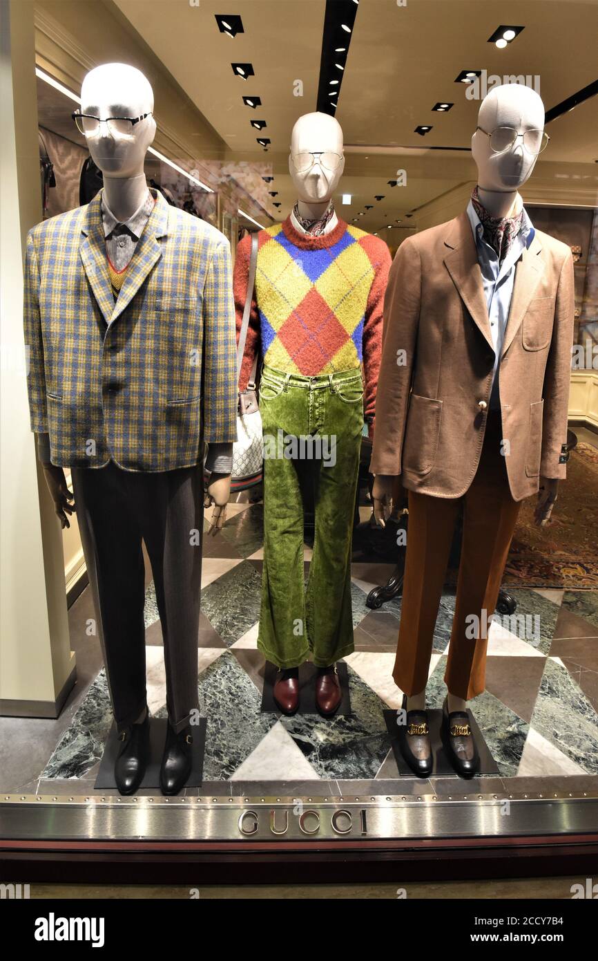 CLOTHES,BAG,HAT AND SHOES ON DISPLAY AT GUCCI BOUTIQUE IN CONDOTTI
