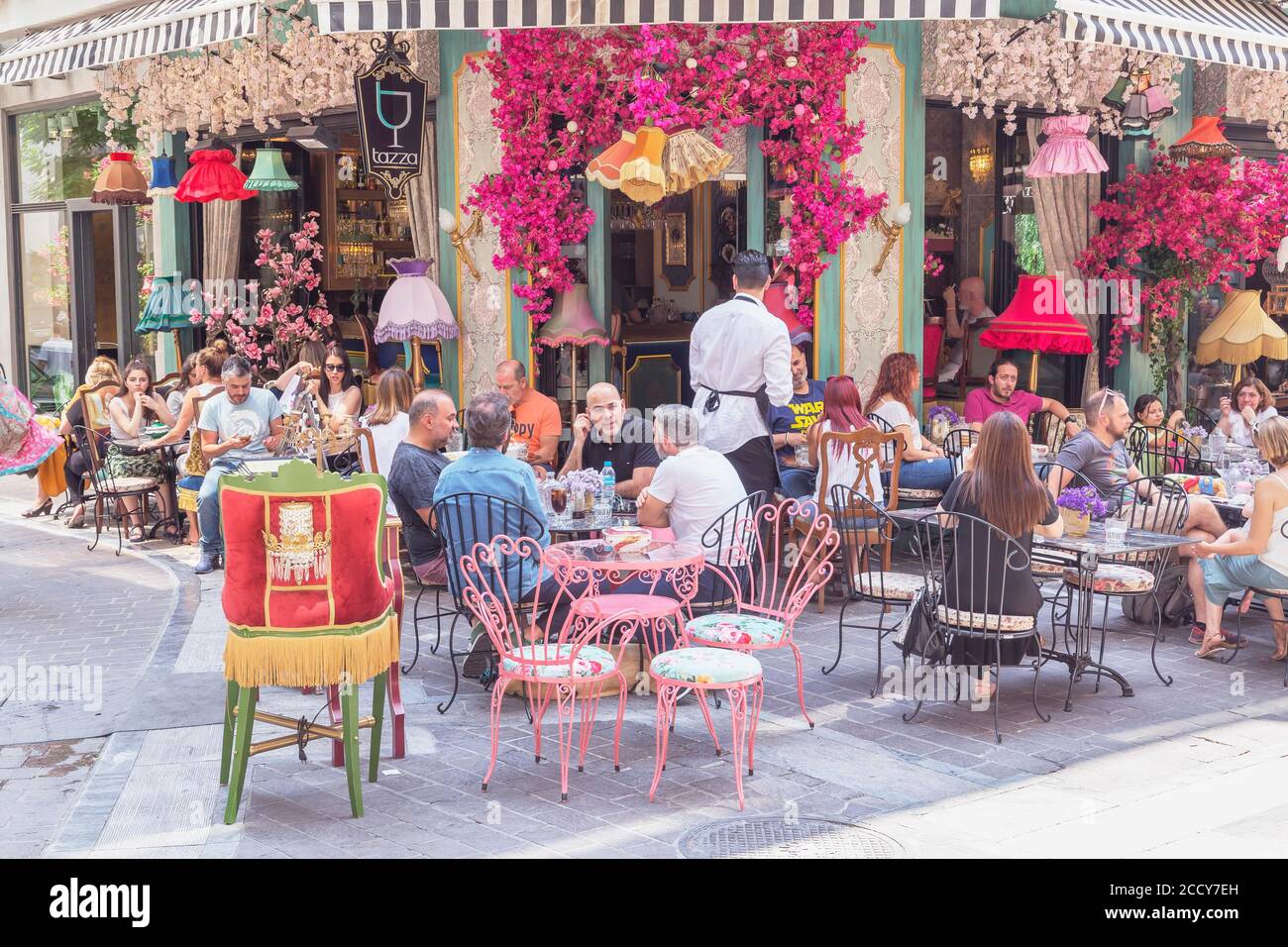 Bar and cafe terraces in Plaka district, Athens, Greece Stock Photo