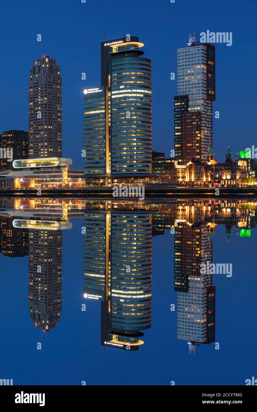 Skyline with World Port Center, Hotel New York and Montevideo high-rise reflected in the Nieuwe Maas, Rotterdam, South Holland, Netherlands Stock Photo