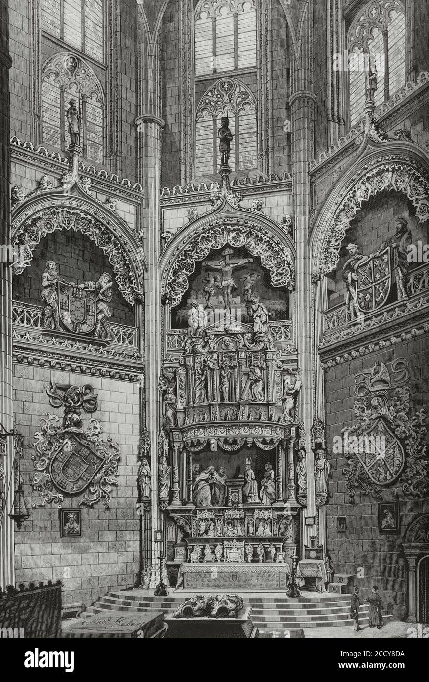 Spain, Burgos. Cathedral. The Constables Chapel. Funeral chapel in Flamboyant Gothic style. Its construction was commissioned by the Constables of Castile Don Pedro Fernández de Velasco and his wife Doña Mencia de Mendoza, between 1482-1494. Illustration by Martinez Hebert. Engraving by Ovejero. La Ilustracion Española y Americana, 1881. Stock Photo