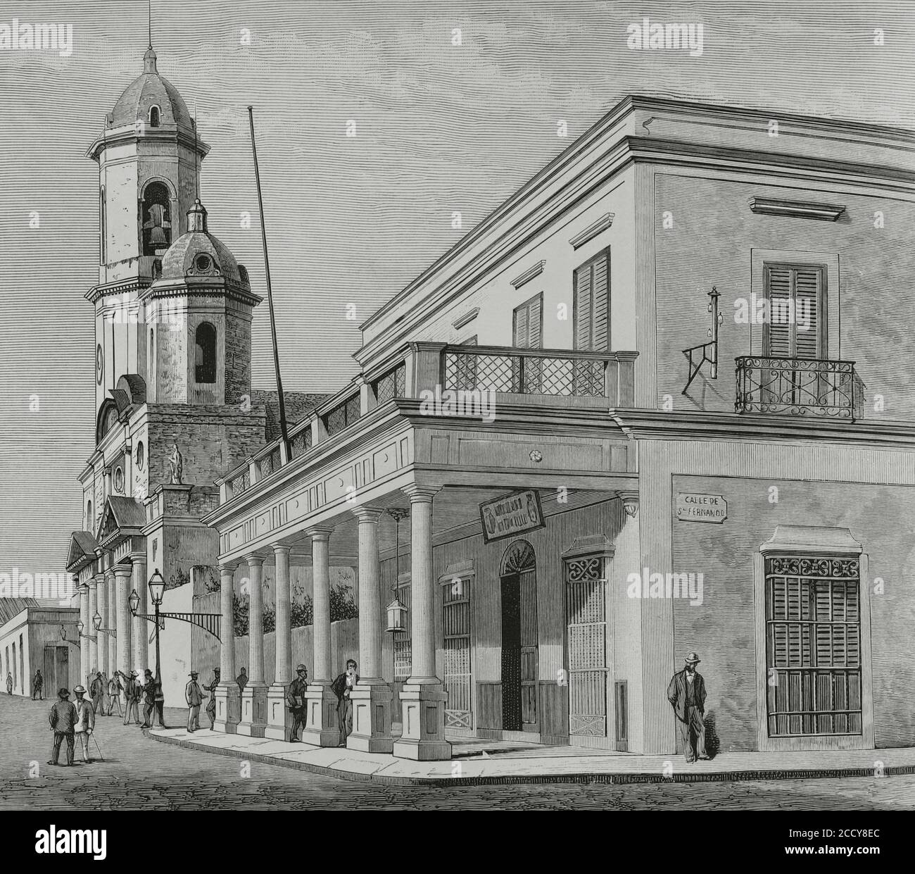 Island of Cuba. Cienfuegos. Parish church, newly built at the expense of the parishioners. Nex to it the building where the office of the "Banco Español de la Isla de Cuba" (Spanish Bank of the Island of Cuba) is located. This bank was a credit institution created in 1881, under Spanish rule, succeeding the previous Banco Español de La Habana that had been founded in 1856. Engraving. La Ilustracion Española y Americana, 1881. Stock Photo