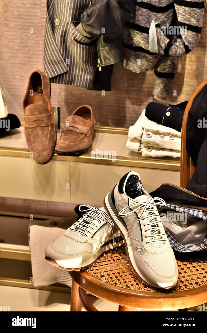 SHOES,BAG AND HATON DISPLAY AT BRUNELLO CUCINELLI BOUTIQUE IN