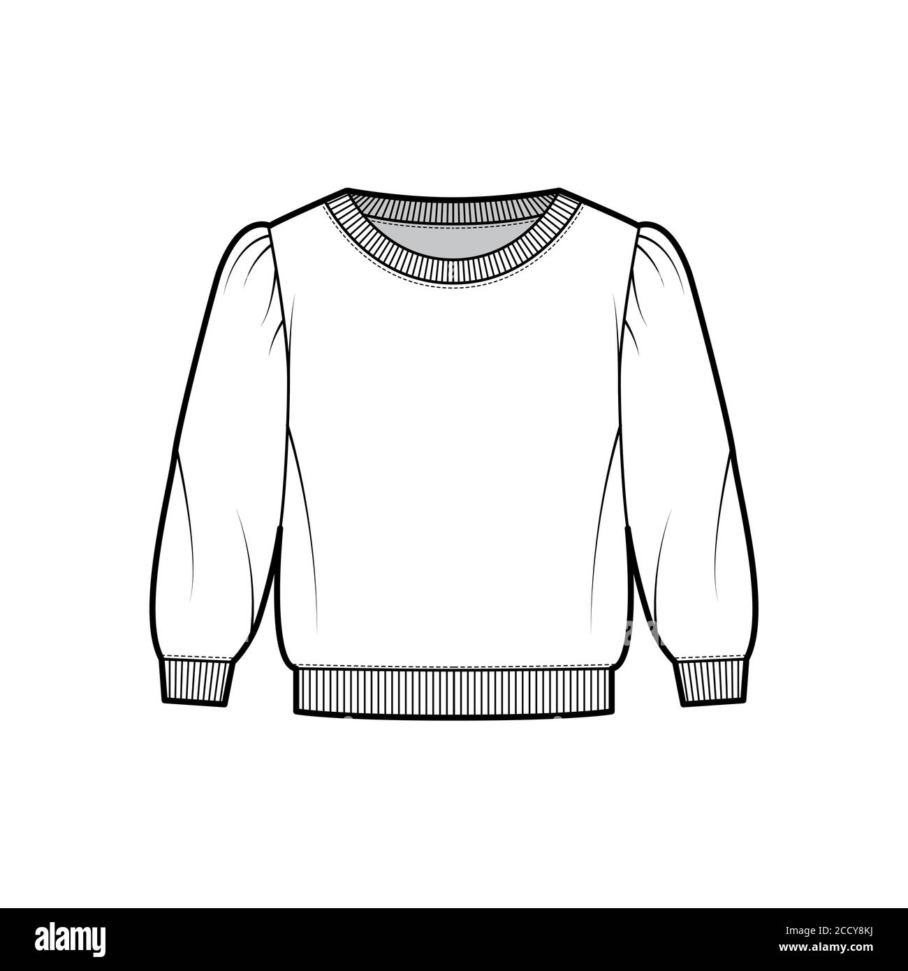 Cropped cotton-terry sweatshirt technical fashion illustration with scoop neckline, puffed shoulders, elbow sleeves. Flat outwear jumper apparel template front white color. Women, men unisex top CAD Stock Vector