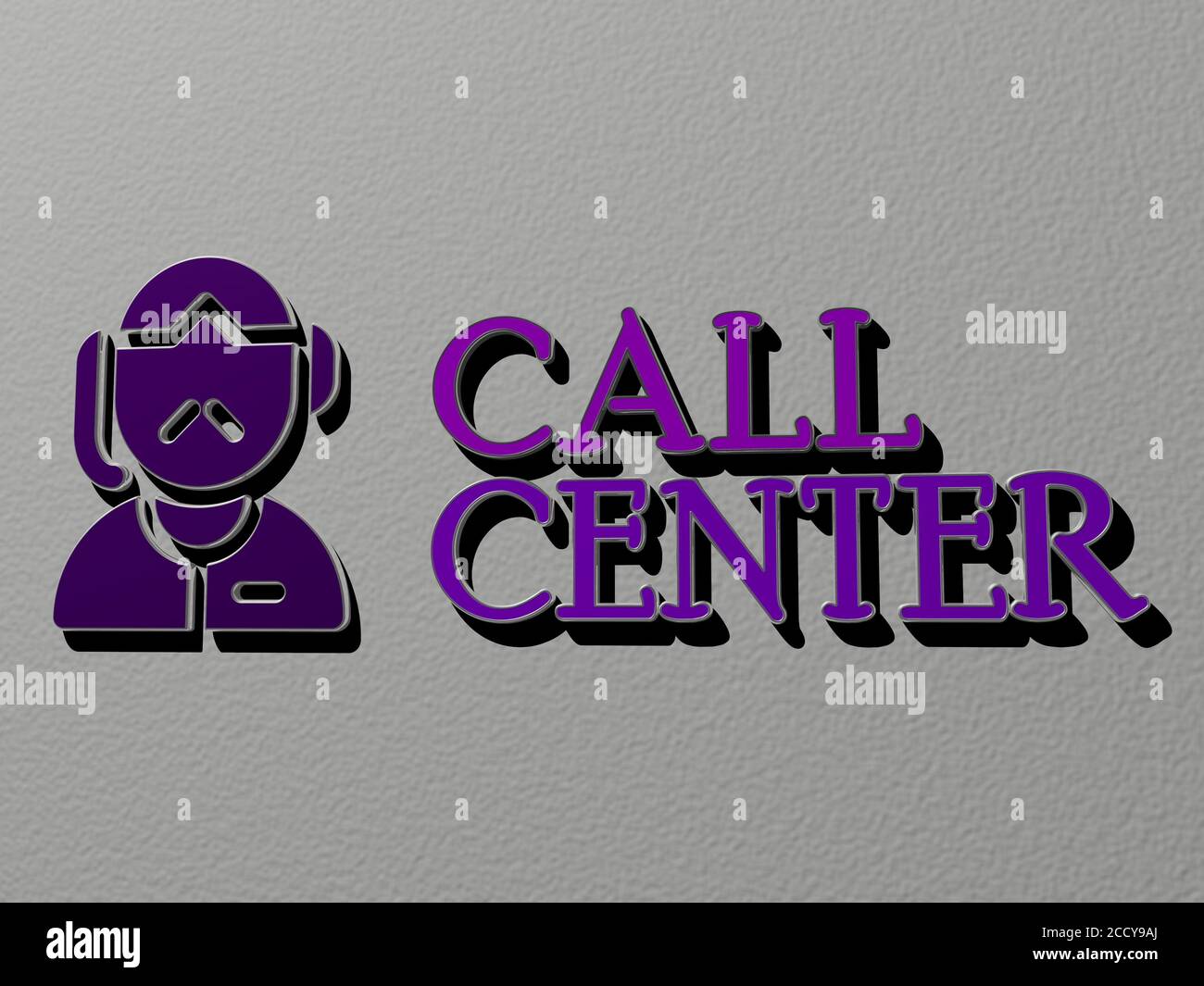 3D representation of call center with icon on the wall and text ...