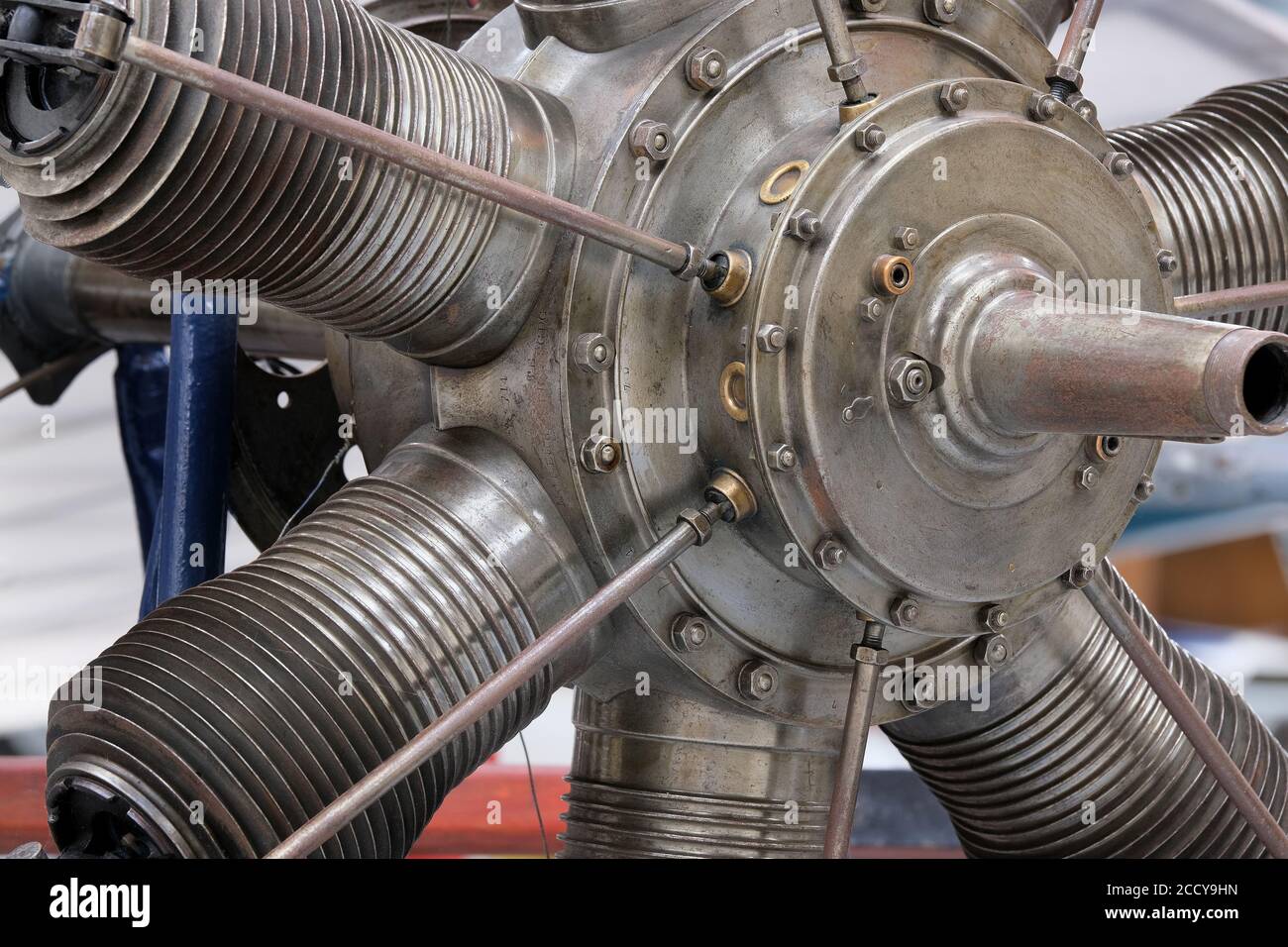 detail of cylinders and external valves on early aircraft engines. Stock Photo