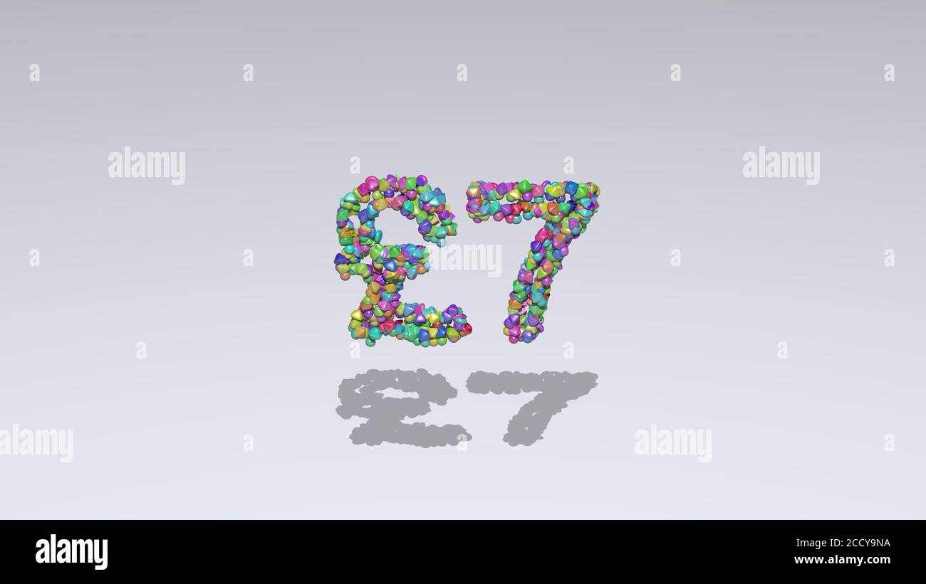 Colorful 3D writting of £ text with small objects over a white ...