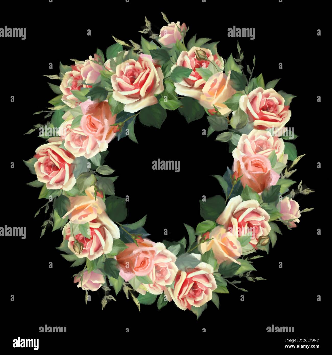 Wreath of flowers. Pink roses. Round frame. Old painting style Stock Photo