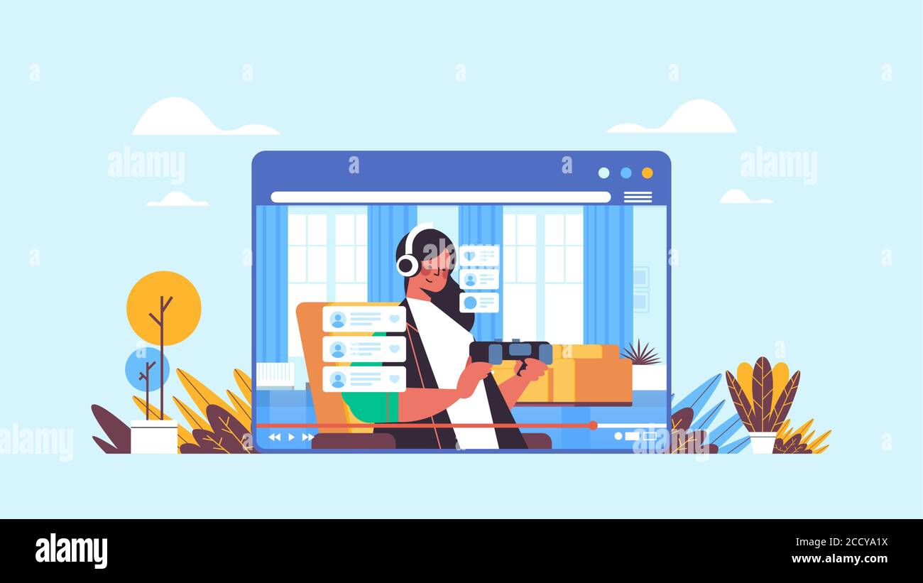 female blogger recording game process online blog live streaming blogging concept girl in web browser window playing video games living room interior horizontal portrait vector illustration Stock Vector