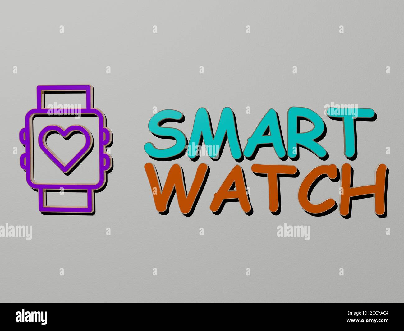 3D representation of SMART WATCH with icon on the wall and text arranged by metallic cubic letters on a mirror floor for concept meaning and slideshow presentation, 3D illustration Stock Photo