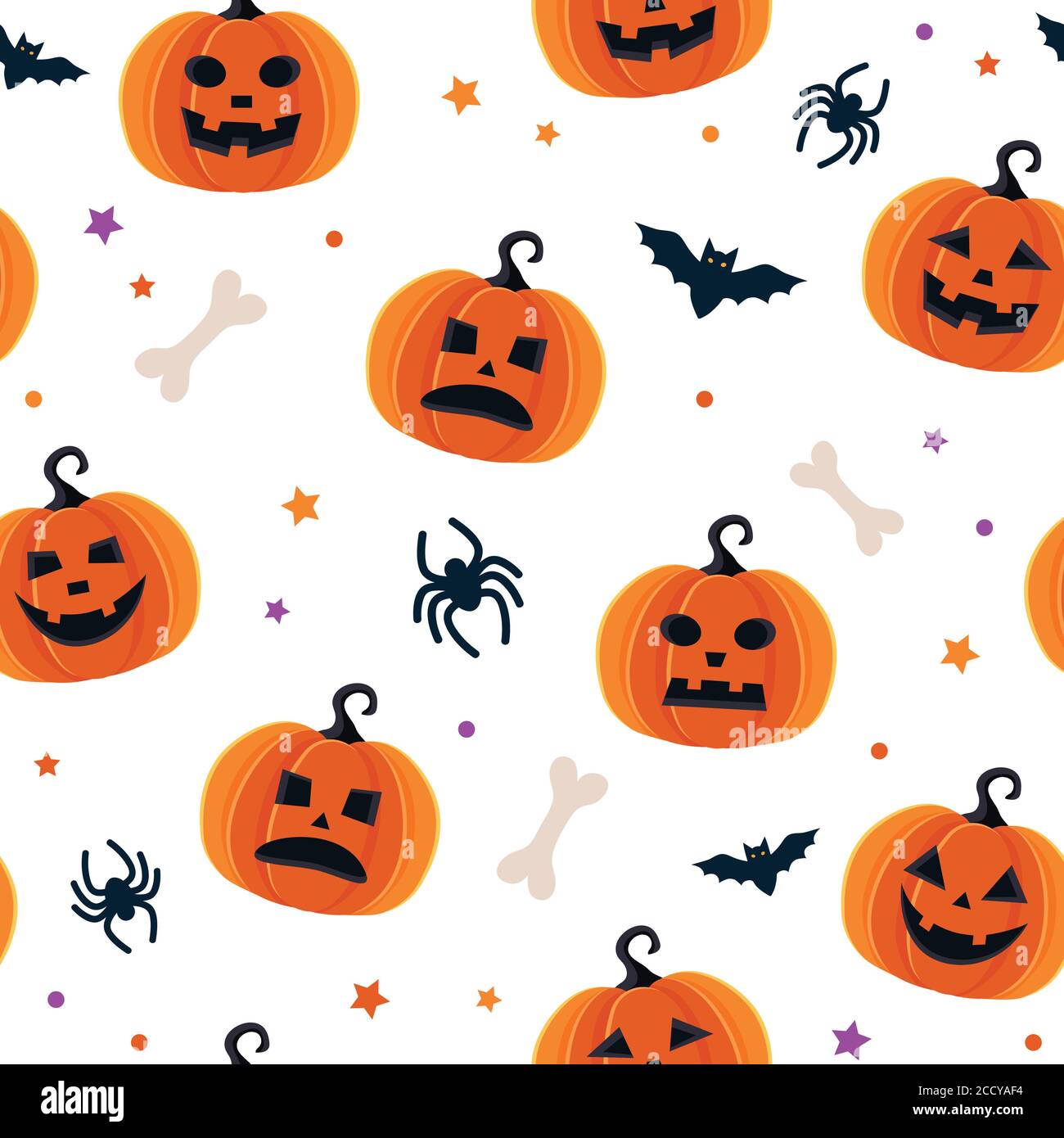 Halloween pattern with different pumpkins, spooky jack o lantern, spiders and bats Stock Vector