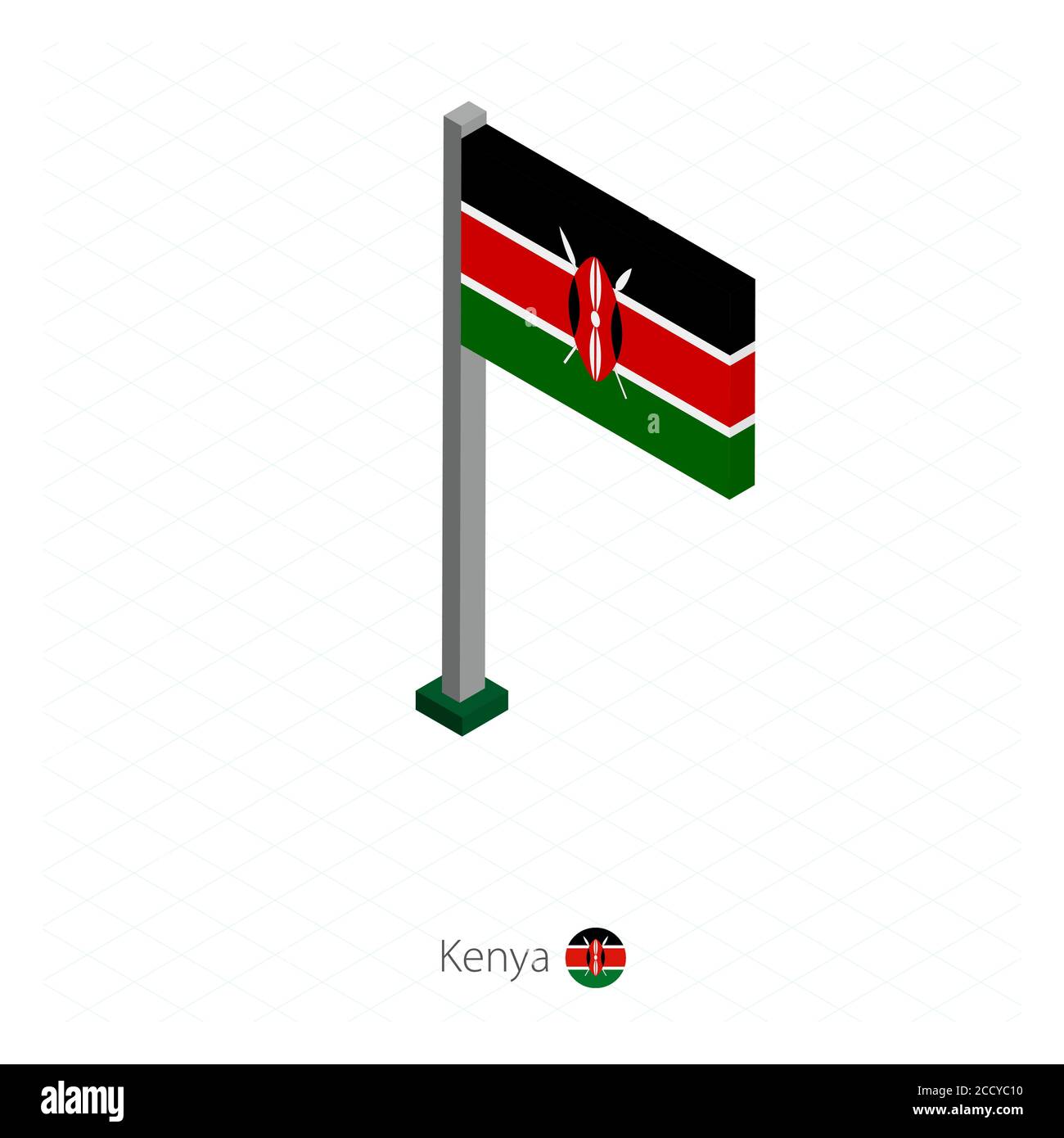 Kenya Flag on Flagpole in Isometric dimension. Isometric blue background. Vector illustration. Stock Vector
