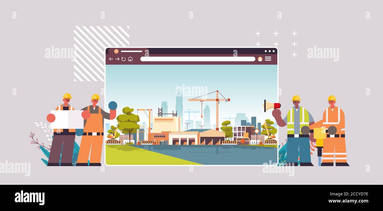 builders and engineers in uniform working on construction site digital ...