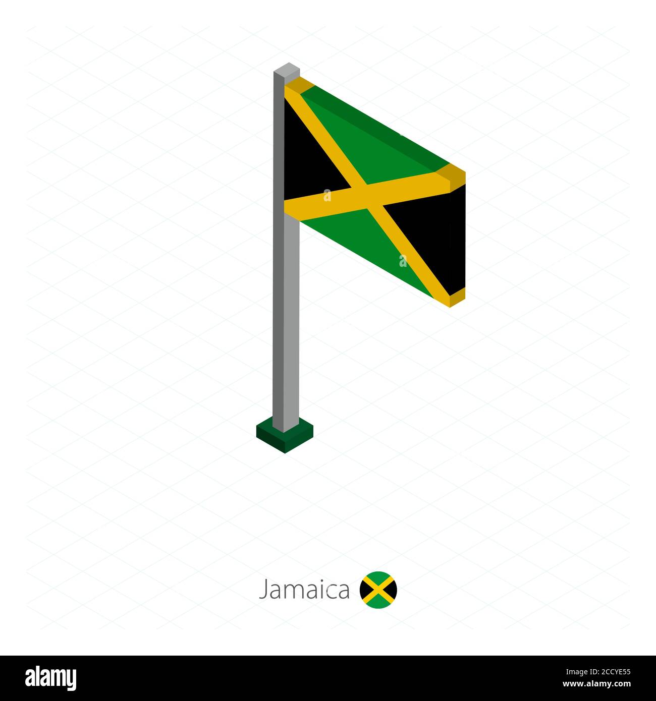 Jamaica Flag on Flagpole in Isometric dimension. Isometric blue