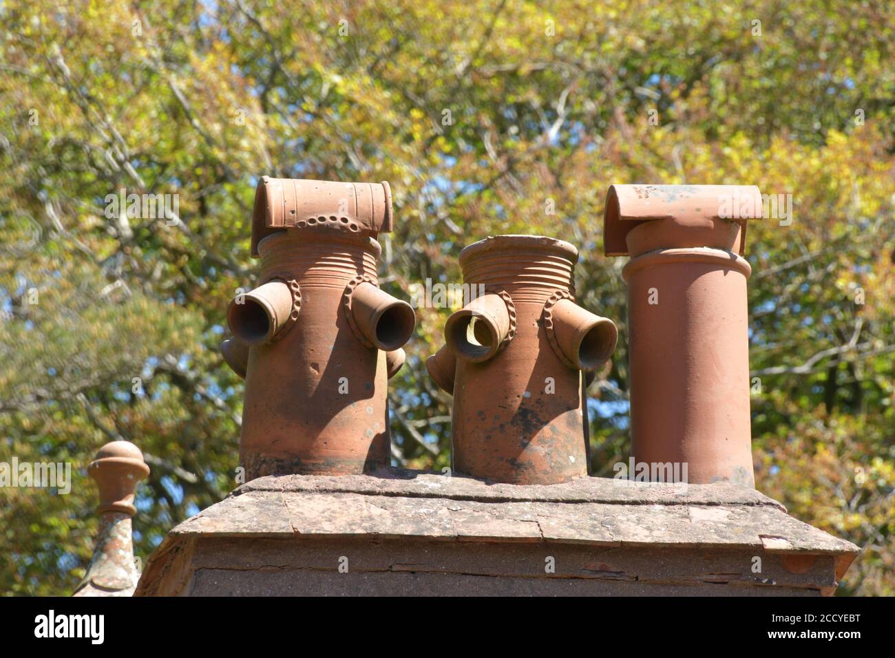 Victorian terracotta chimney pots on the station building at the Woody bay station on the Lynton and Barnstaple Railway, in North Devon. UK Stock Photo