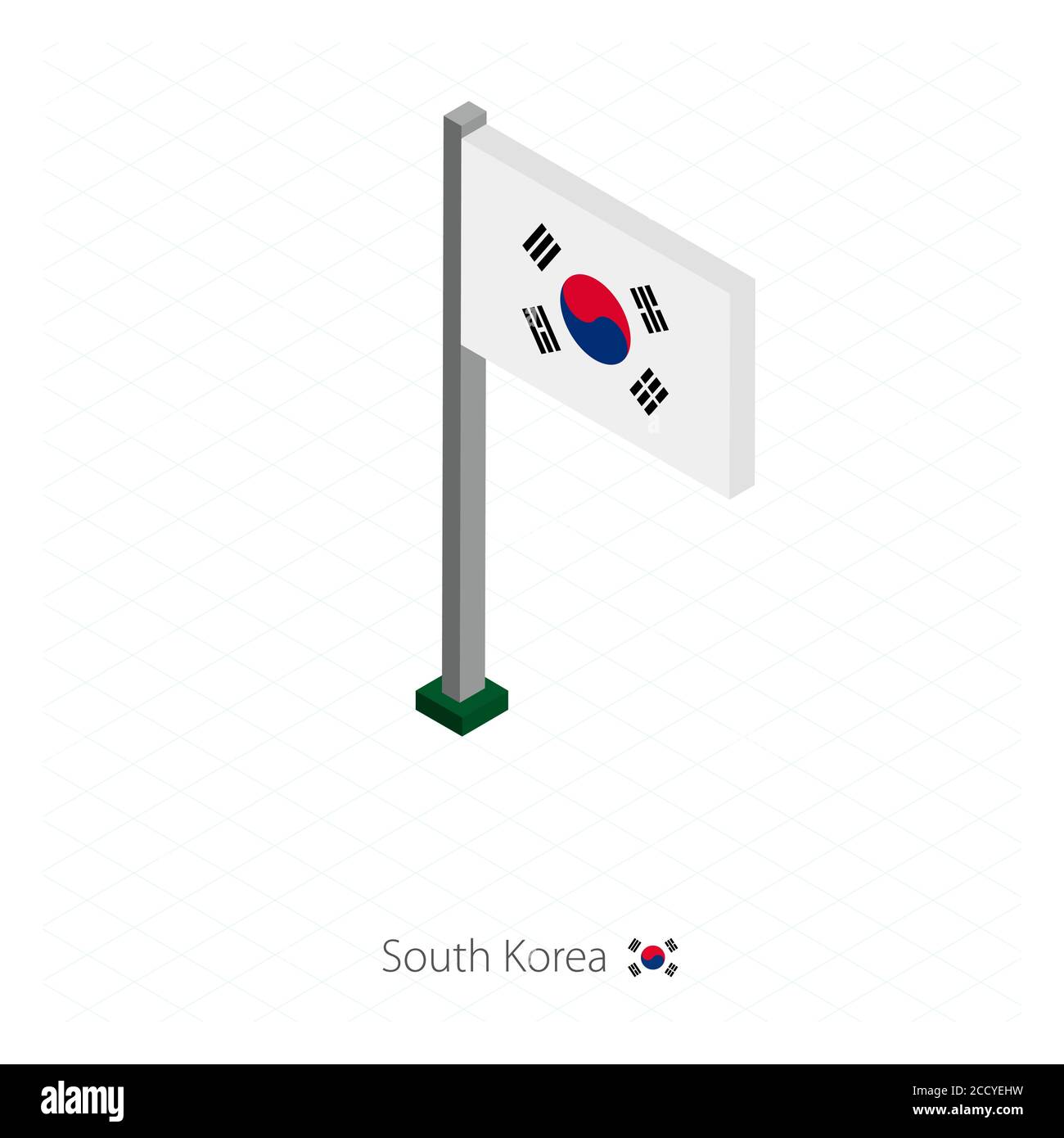 South Korea Flag on Flagpole in Isometric dimension. Isometric blue