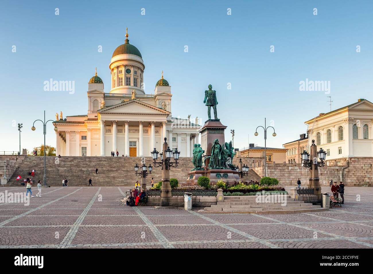 St. Nicholas Cathedral and monument of Alexander II on the Senate square Senaatintori in Helsinki, Finland. Stock Photo